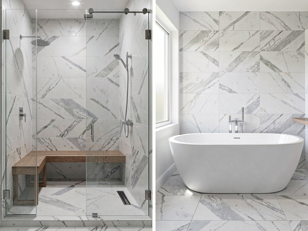 A bathroom comparison showing a walk-in shower with glass and rain showerhead on one side, and a freestanding soaking tub in the same space on the other