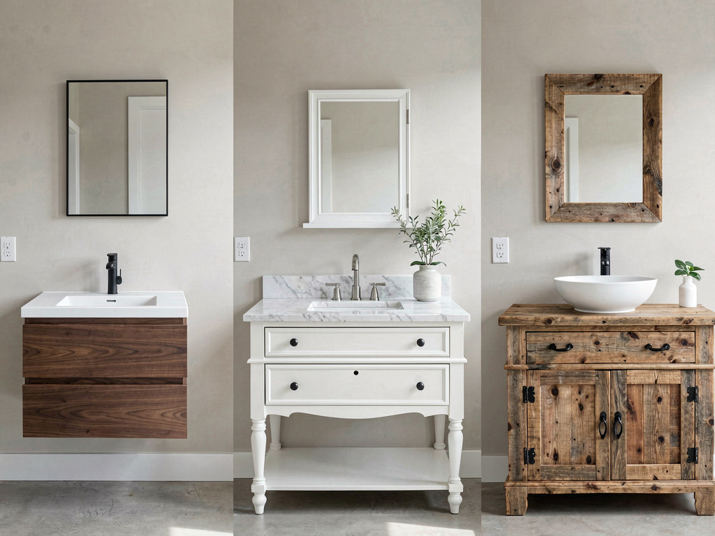 Three different vanity styles side by side — modern floating walnut, traditional white with marble top, and rustic reclaimed wood with vessel sink
