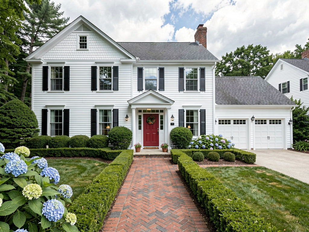 A house exterior redesigned in Colonial style with white clapboard siding, black shutters, red front door, and mature landscaping