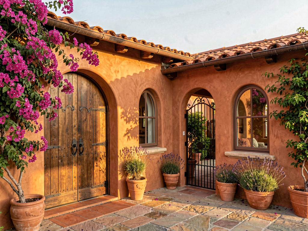 A house exterior redesigned in Mediterranean style with terracotta stucco, clay tile roof, arched door, and bougainvillea