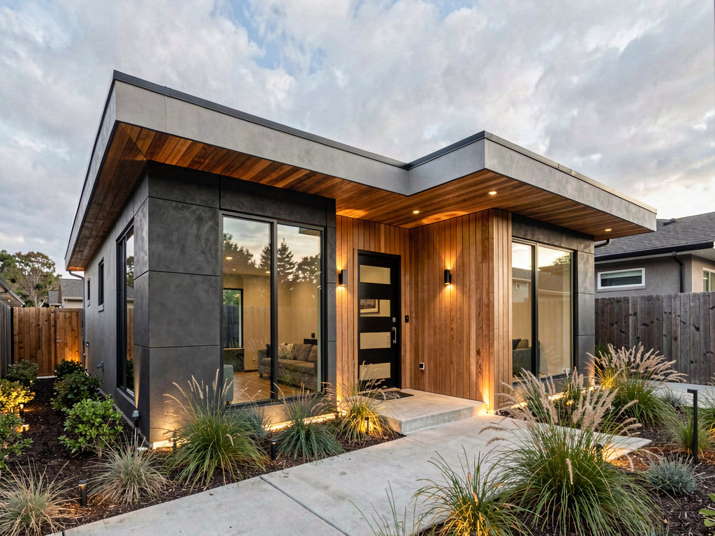 A house exterior redesigned in modern contemporary style with flat roof, fiber cement panels, wood cladding, and minimalist landscaping