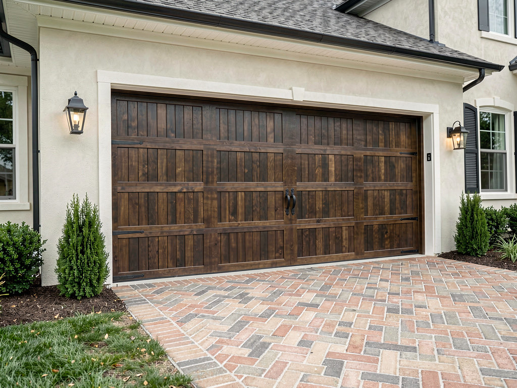 A garage and driveway area redesigned by AI with a carriage-style door in dark wood, herringbone brick pavers, and coach lanterns
