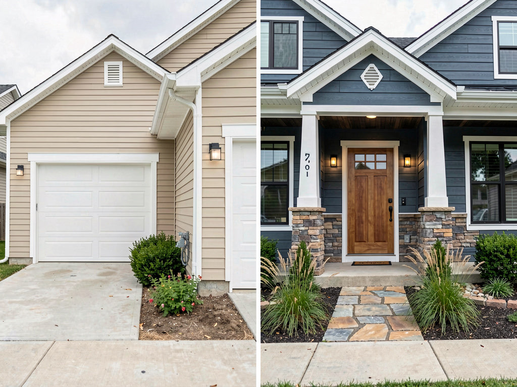 Side-by-side before and after of a plain beige 1990s house transformed by AI with dark blue-gray siding, new front door, stone porch columns, and updated landscaping