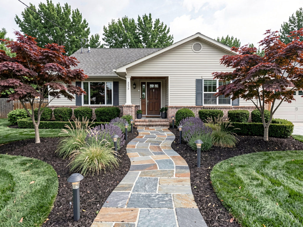 A front yard landscaping design with curved flagstone walkway, layered planting beds, Japanese maples, and solar path lights