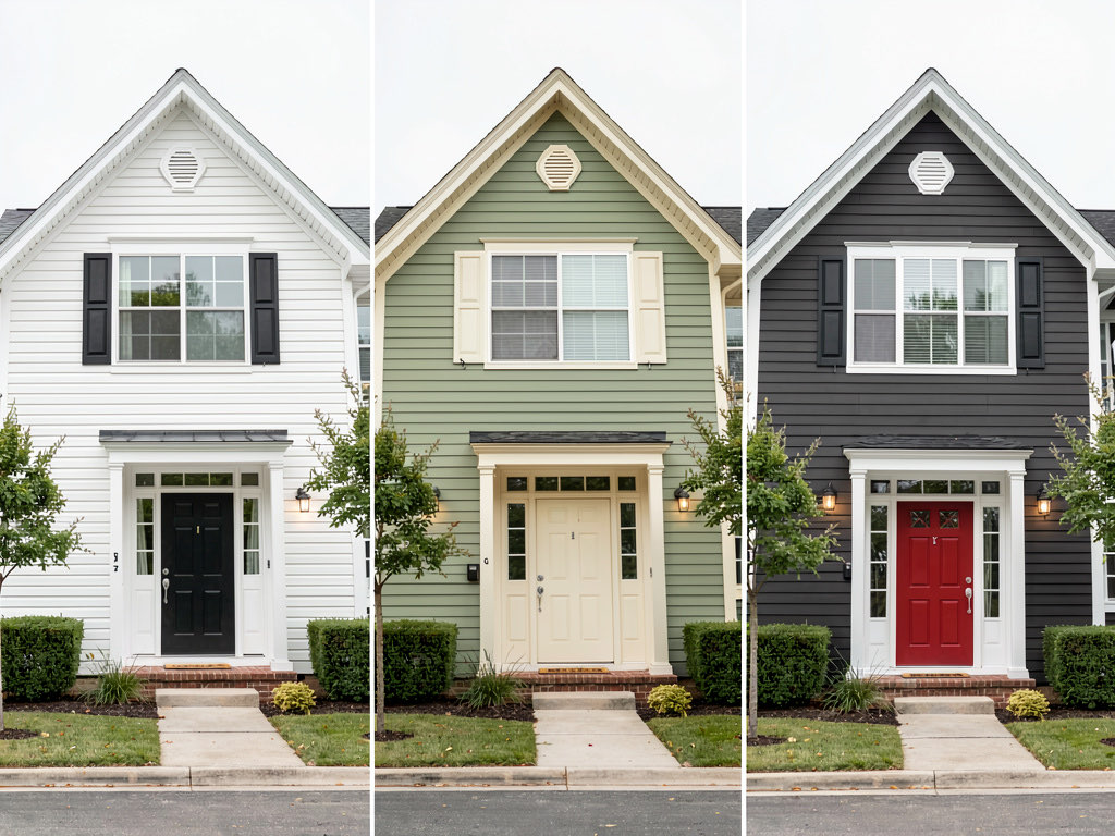 The same house shown three times with different siding colors — white, sage green, and dark charcoal — for comparison