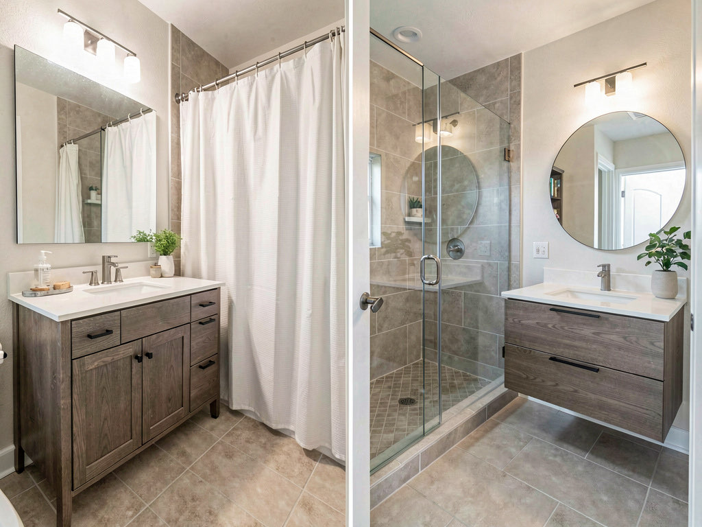 Side-by-side before and after of a bathroom — basic with builder-grade vanity and shower curtain on the left, modern with floating vanity and frameless glass door on the right