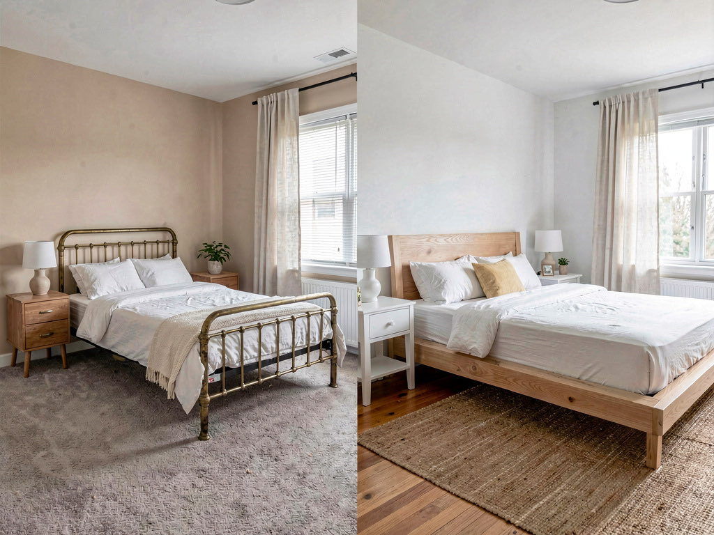 Side-by-side before and after of a bedroom — basic with beige walls and mismatched furniture on the left, scandinavian with white walls and cohesive light wood pieces on the right