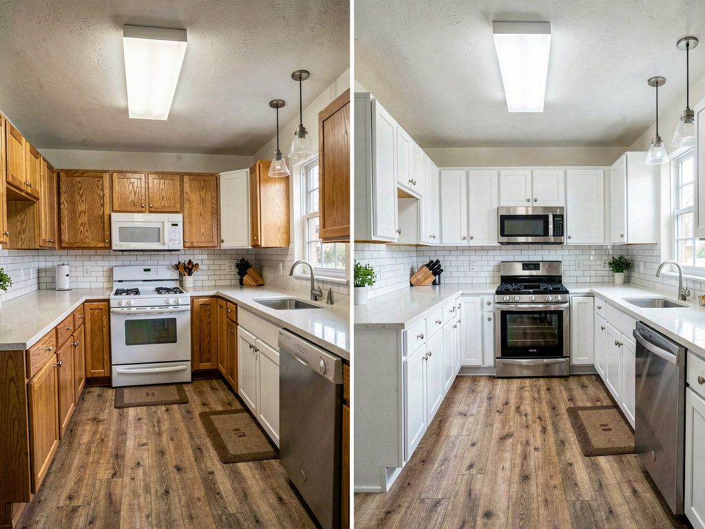 Side-by-side before and after of a kitchen — honey oak cabinets and laminate counters on the left, white painted cabinets with quartz and subway tile on the right
