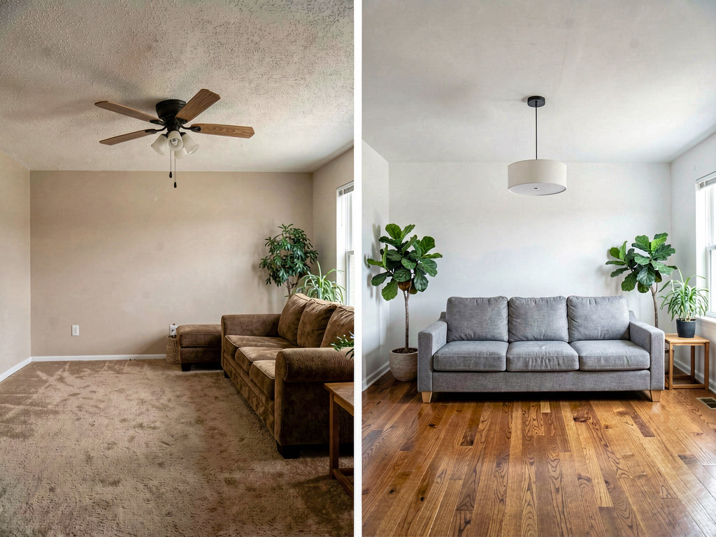 Side-by-side before and after of a living room — dated with tan carpet and old furniture on the left, modern with hardwood floors and contemporary pieces on the right