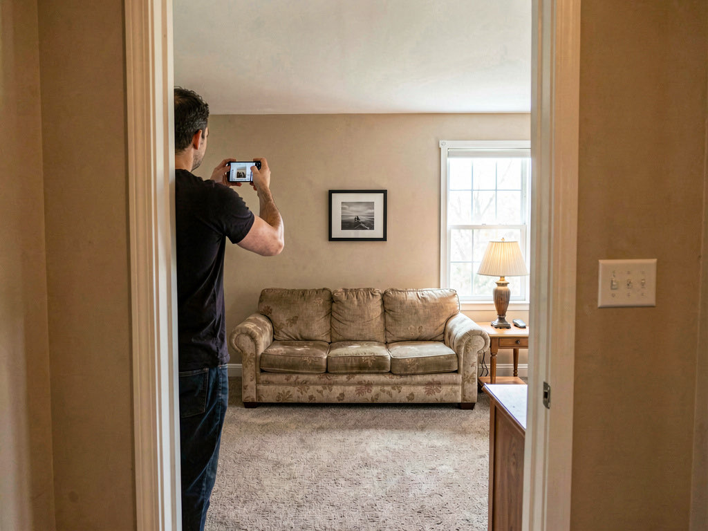 A person standing in a doorway photographing their living room with a smartphone, natural light from a window illuminating the room