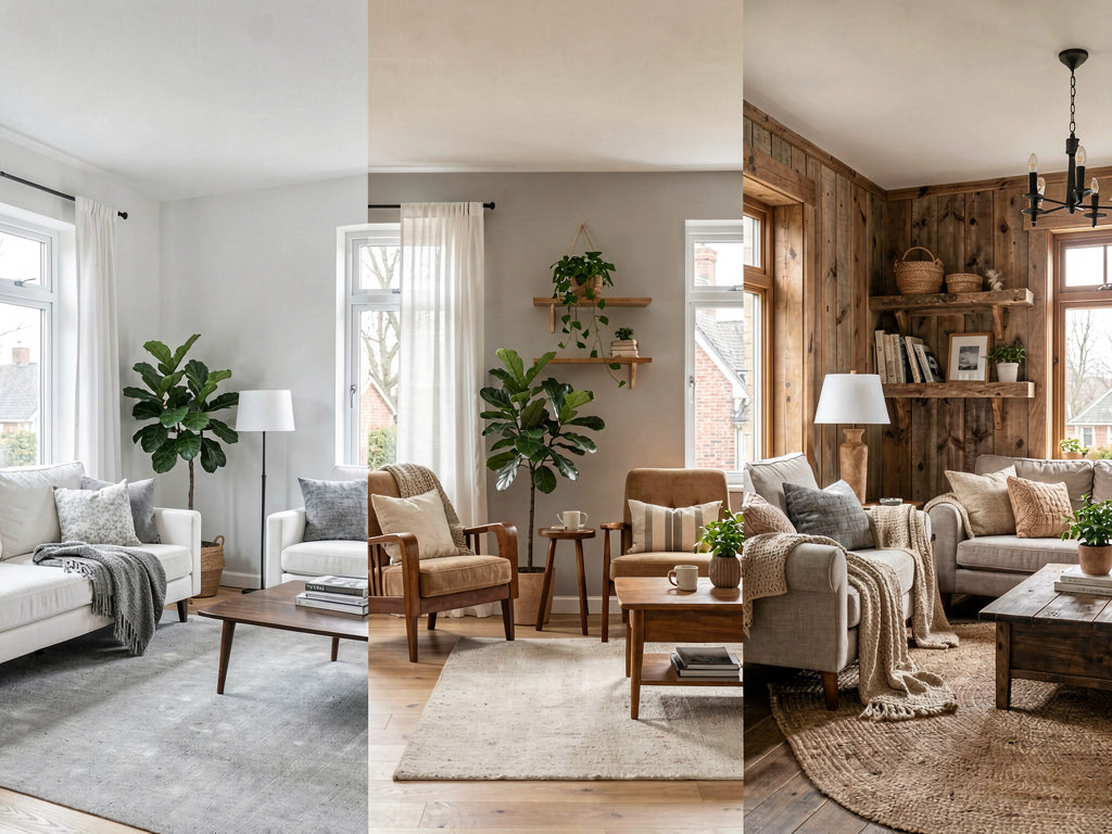 Three versions of the same living room in three styles — modern minimalist on the left, mid-century modern in the center, farmhouse on the right