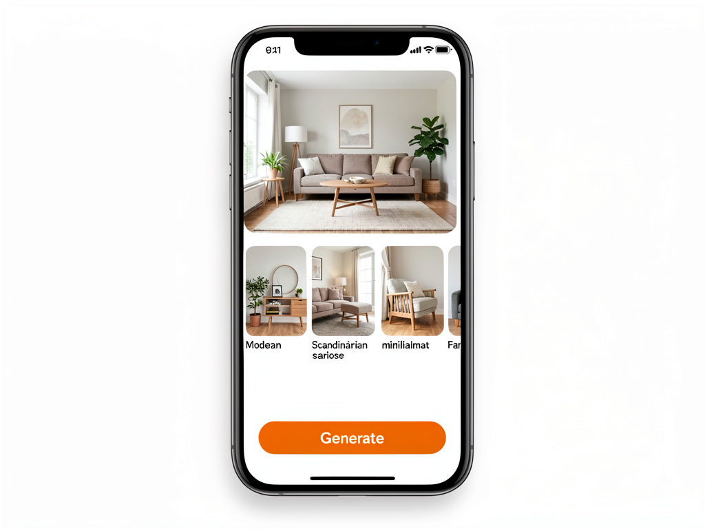 A smartphone screen showing the Remodel AI app interface with a room photo uploaded, style options in a scrollable row, and an orange Generate button