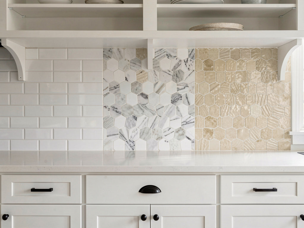 Three different backsplash tile options shown side by side — white subway, hexagonal marble mosaic, and cream zellige tile