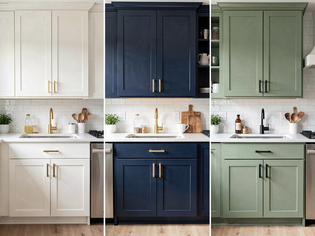 The same kitchen with three different cabinet colors — white, navy, and sage green — shown side by side for comparison