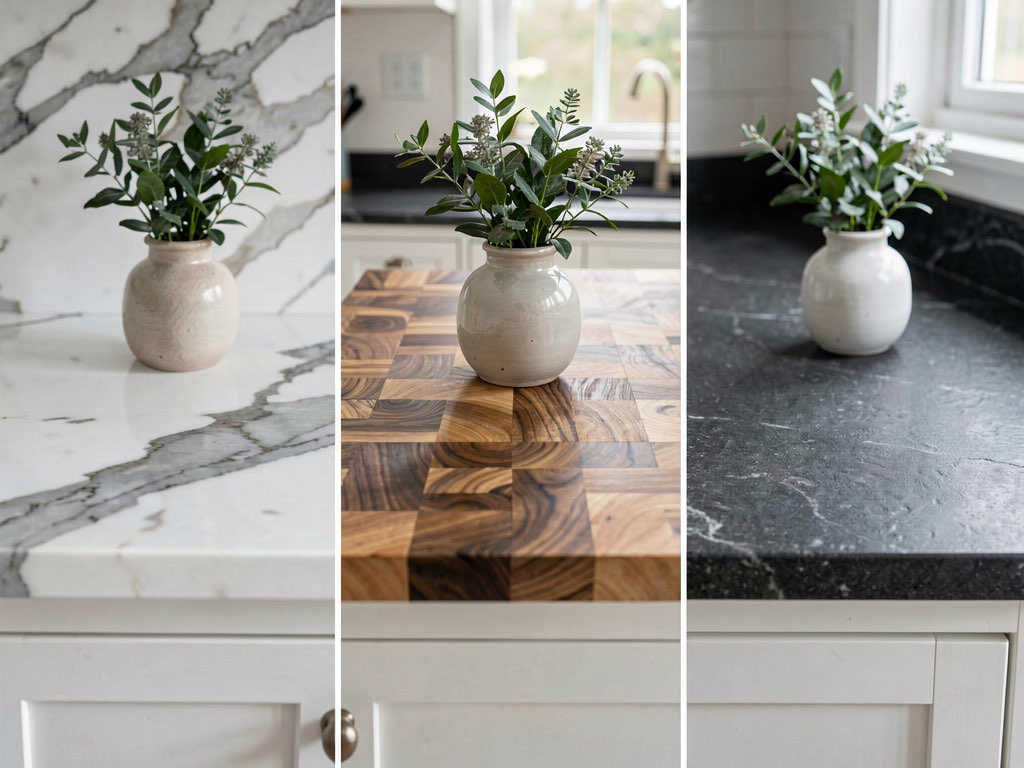 Close-up comparison of three countertop materials on a white cabinet base: Carrara marble, walnut butcher block, and dark soapstone