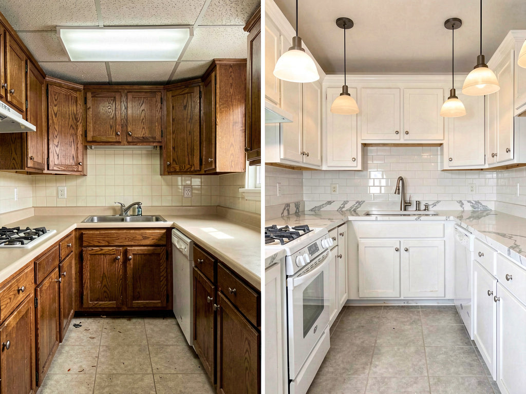 Side-by-side before and after of a dated 1990s kitchen transformed by AI with white cabinets, quartz countertops, and modern pendant lights