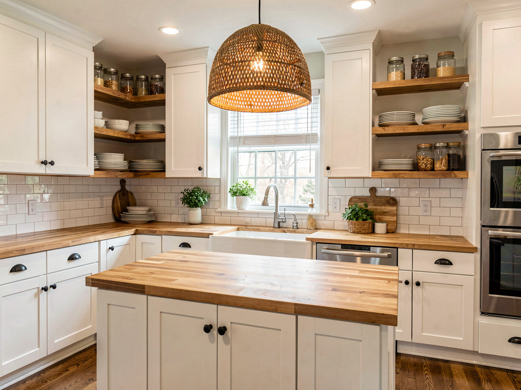 A kitchen redesigned in farmhouse style with white shaker cabinets, butcher block countertops, apron sink, and a woven pendant light