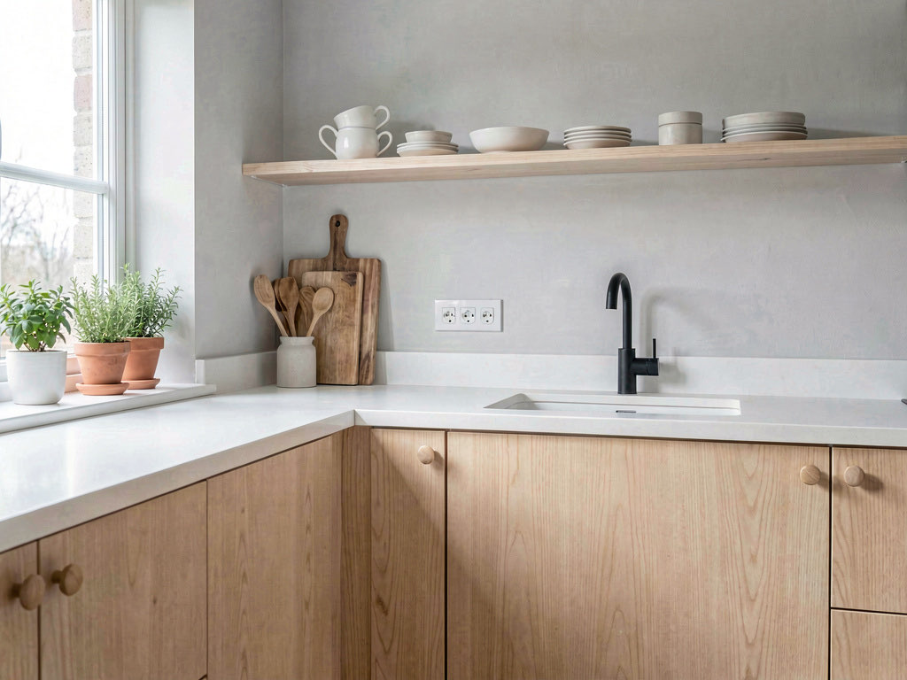 A kitchen redesigned in Scandinavian style with light birch cabinets, white countertops, and a small herb garden on the windowsill