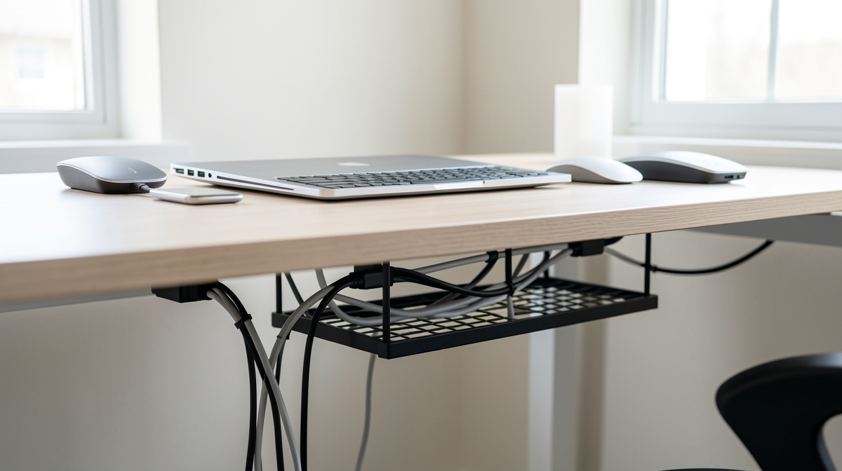 Home office desk with clean cable management using under-desk tray, cable clips and wireless charging