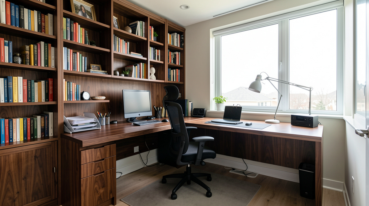 Home office in a spare bedroom with L-shaped desk, task lighting and bookshelves