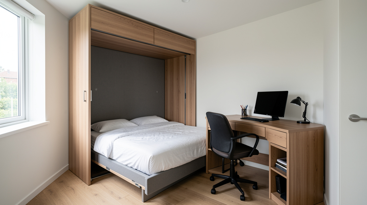 Room that functions as both home office and guest bedroom with Murphy bed and fold-down desk
