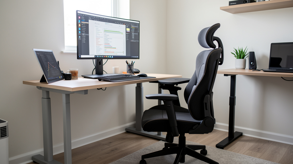 Ergonomic home office setup showing proper monitor height, chair position and keyboard placement