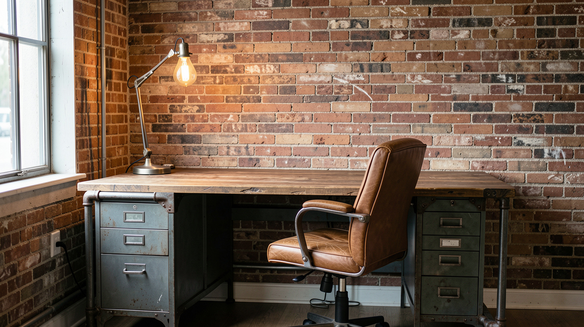 Industrial home office with pipe and wood desk, metal shelving, Edison bulbs and exposed brick