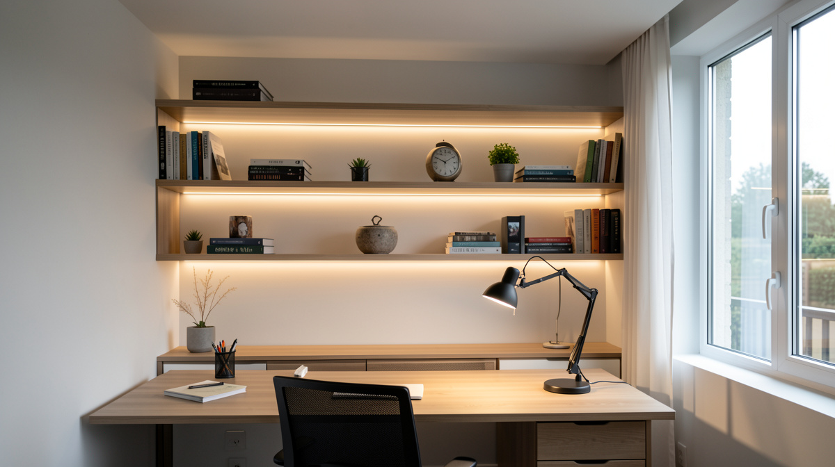 Home office with layered lighting — overhead ambient, task desk lamp, and bias lighting behind monitor