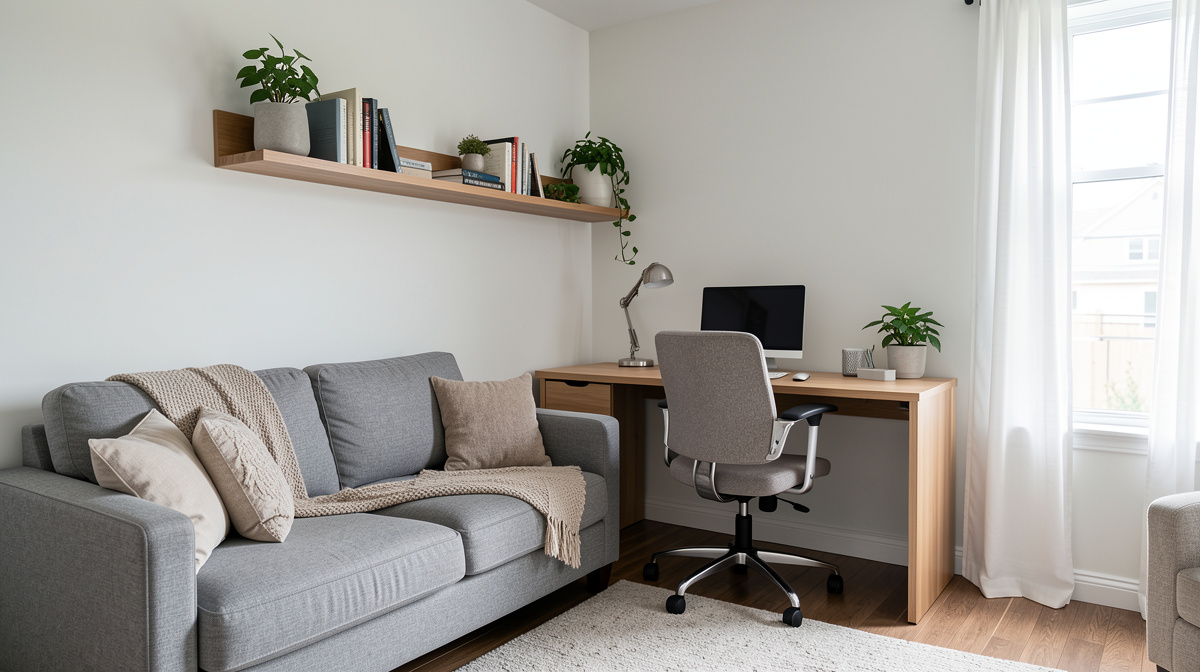 Living room corner converted to a workspace with wall-mounted desk and floating shelves