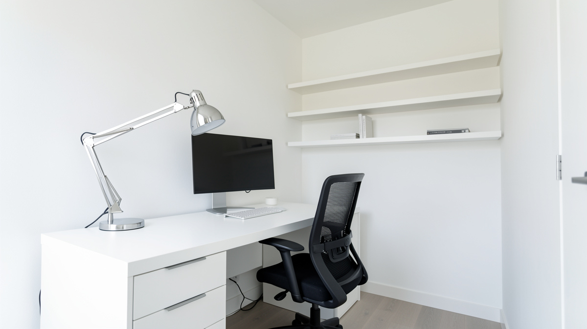 Modern home office with white desk, mesh task chair, concrete planter and minimal accessories