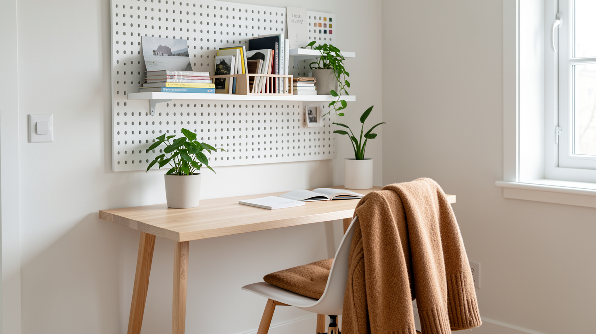 Scandinavian home office with birch plywood desk, white walls, woven rug and pendant light