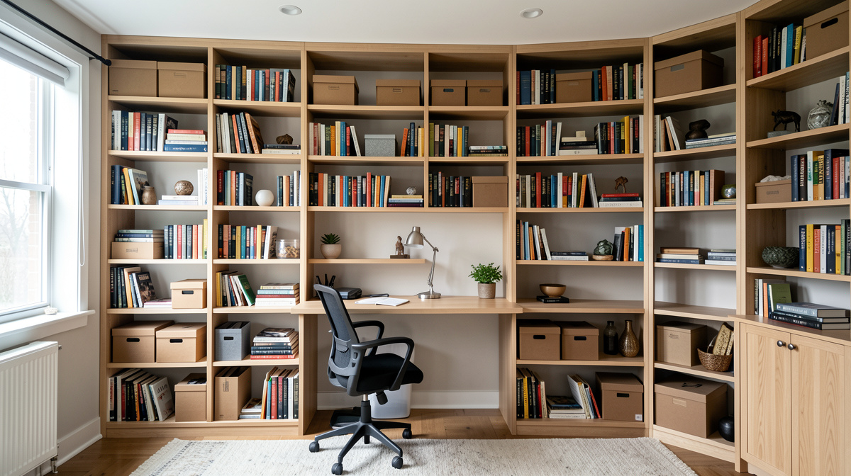 Home office storage wall with combination of closed cabinets, open shelves and file drawers