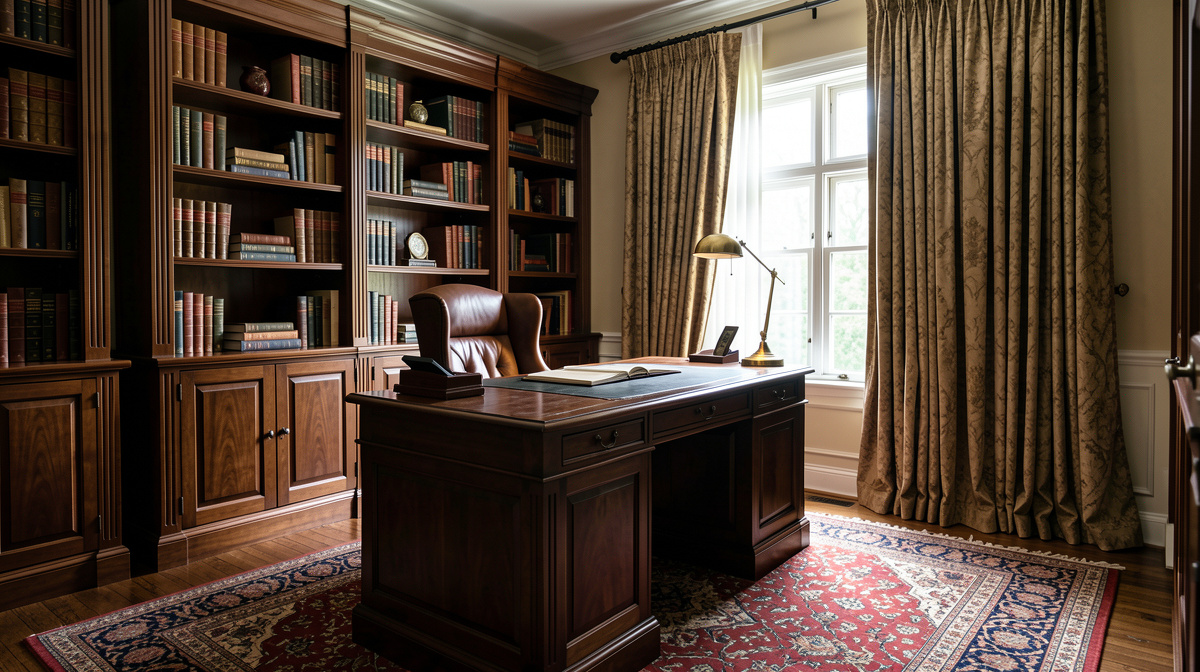 Traditional home office with dark wood desk, leather chair, built-in bookshelves and brass lamp