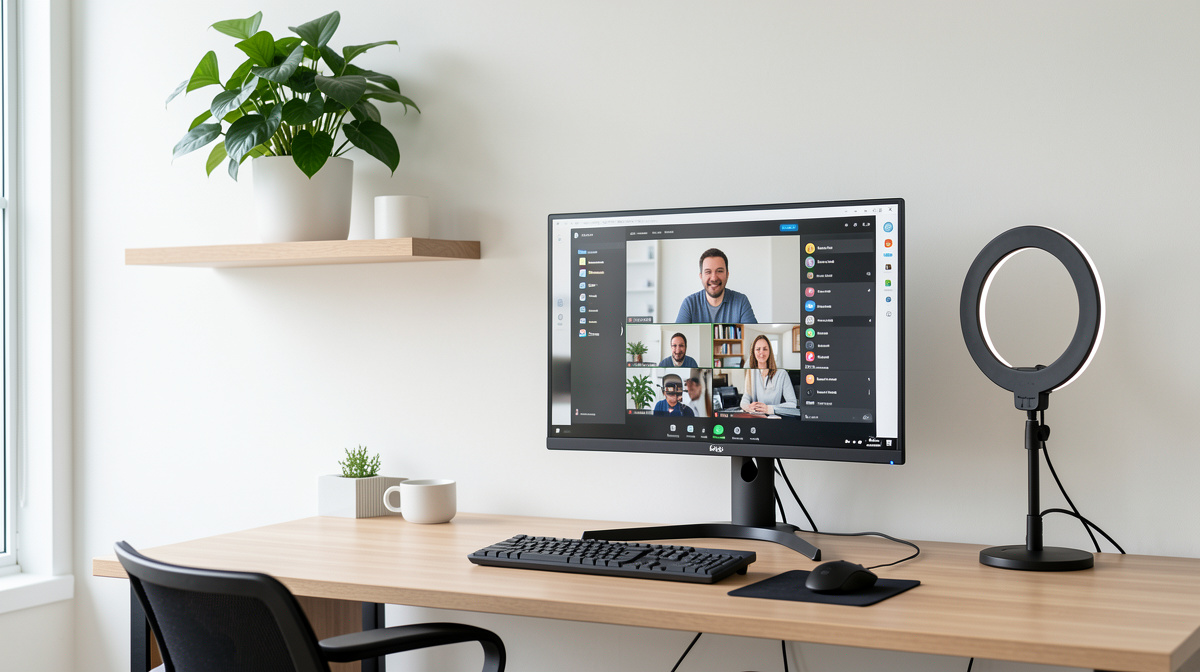 Home office desk positioned perpendicular to a window with ring light and bookshelf background