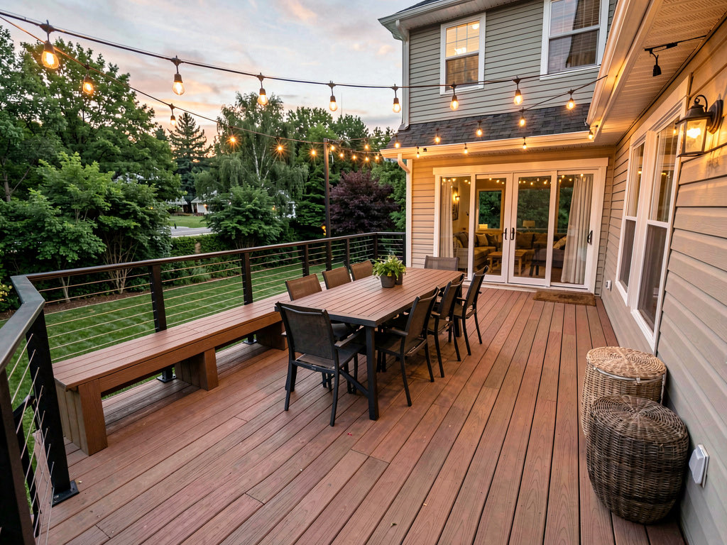 A new composite deck with built-in benches, cable railing, string lights, outdoor dining table, and a green backyard view