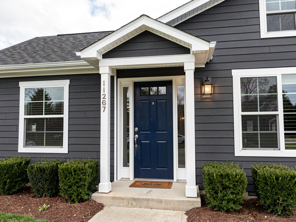 A ranch house with fresh dark charcoal exterior paint, crisp white trim, bold navy blue front door, and simple boxwood landscaping