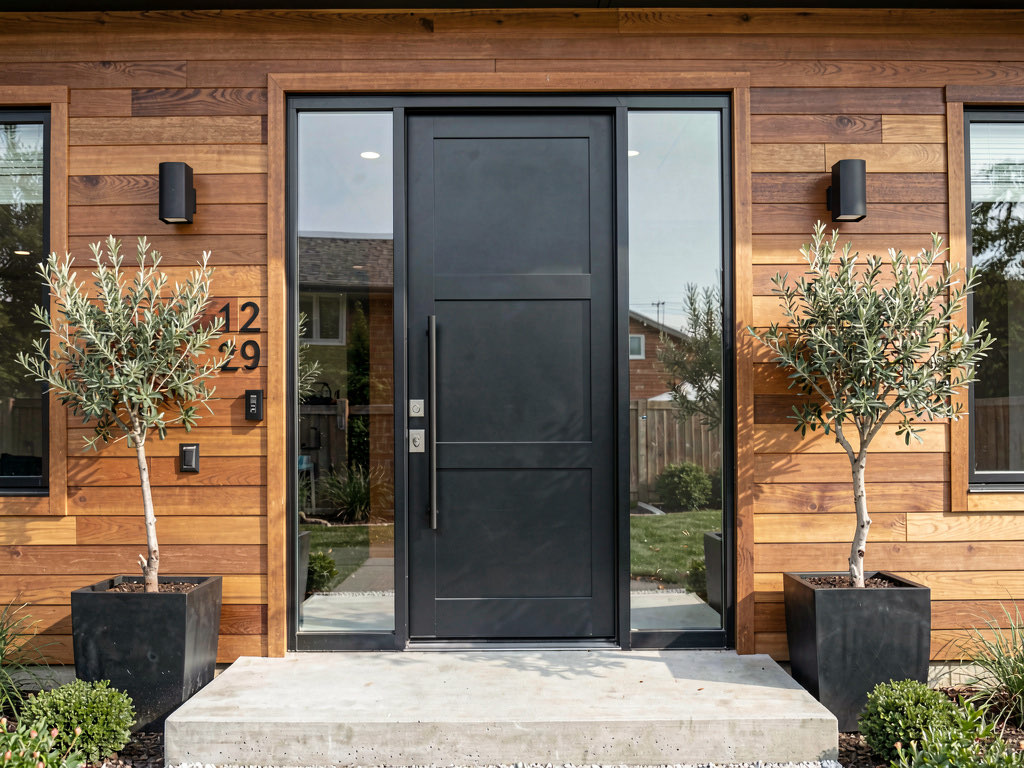 A modern black steel and glass pivot front door with warm wood siding, potted olive trees, and matte black wall sconces