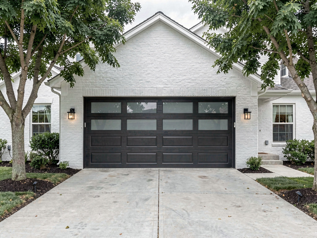 A home with a modern charcoal garage door with frosted glass inserts, white painted brick exterior, and clean concrete driveway