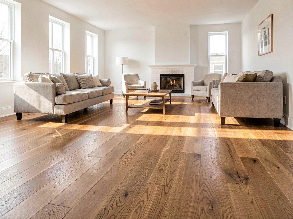 A living room with brand new wide plank oak hardwood floors, minimal white furniture, and warm afternoon sunlight across the floor