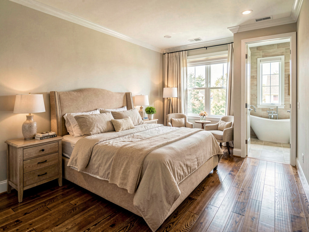 A renovated master suite with king bed, upholstered headboard, hardwood floors, sitting area by the window, and en-suite bathroom with freestanding tub visible