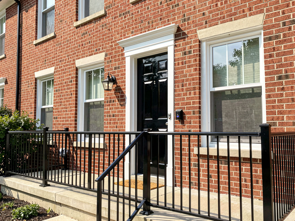 Red brick house with freshly painted white trim and glossy black front door