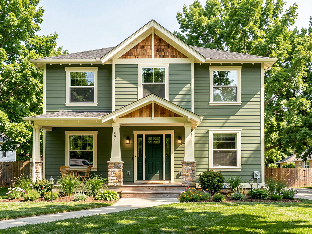 Craftsman-style house in sage green with cream trim and natural stone porch columns