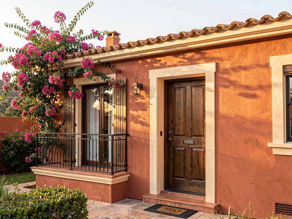 Mediterranean stucco house painted in warm terracotta with cream trim and clay tile roof