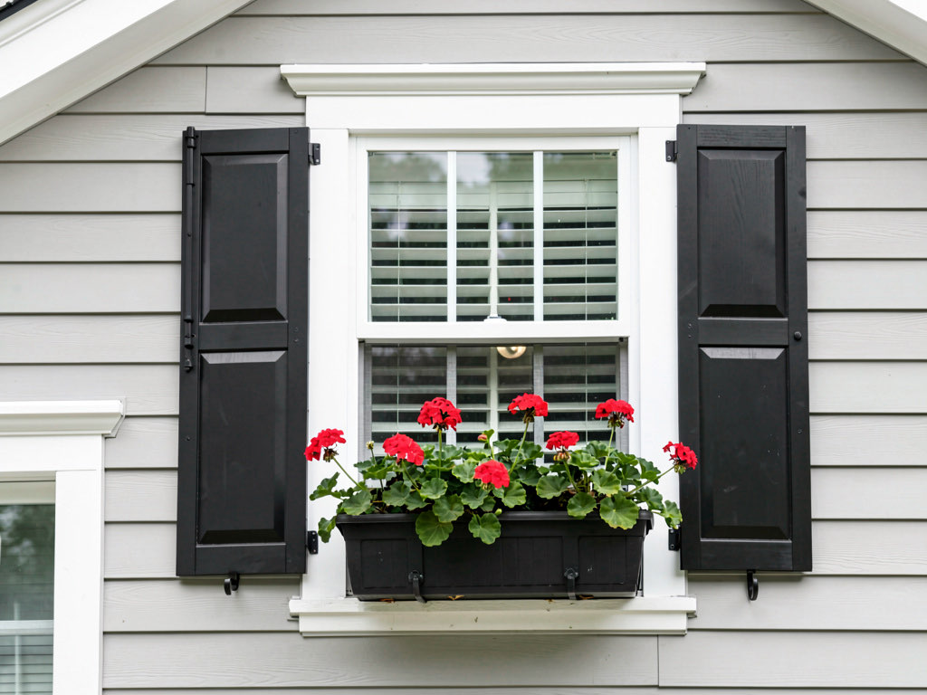 Close-up of house exterior showing light gray siding with white window trim, black shutters and window box with red geraniums