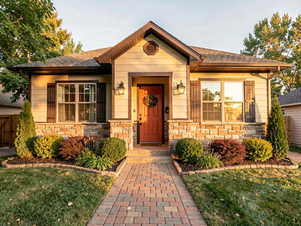 Ranch-style house in warm beige with dark brown trim and terracotta front door