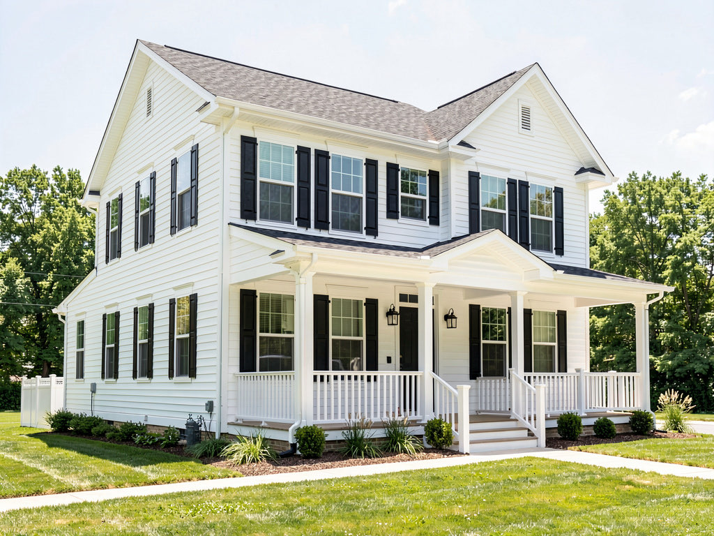 Two-story house painted in bright white with black trim and black front door in modern farmhouse style