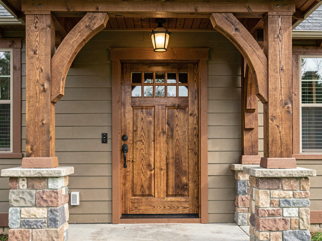 Natural walnut-stained craftsman front door with three small windows and arts-and-crafts light fixture