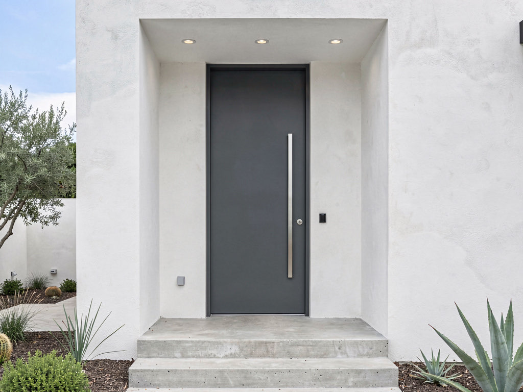 Modern oversized pivot front door in matte charcoal on a contemporary white stucco house