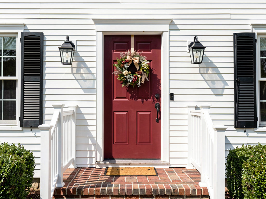 Classic cranberry red front door on a white Cape Cod house with black shutters and brick steps