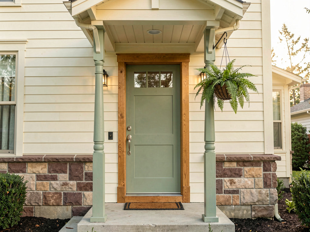 Sage green front door on a cream craftsman bungalow with natural wood trim and hanging fern